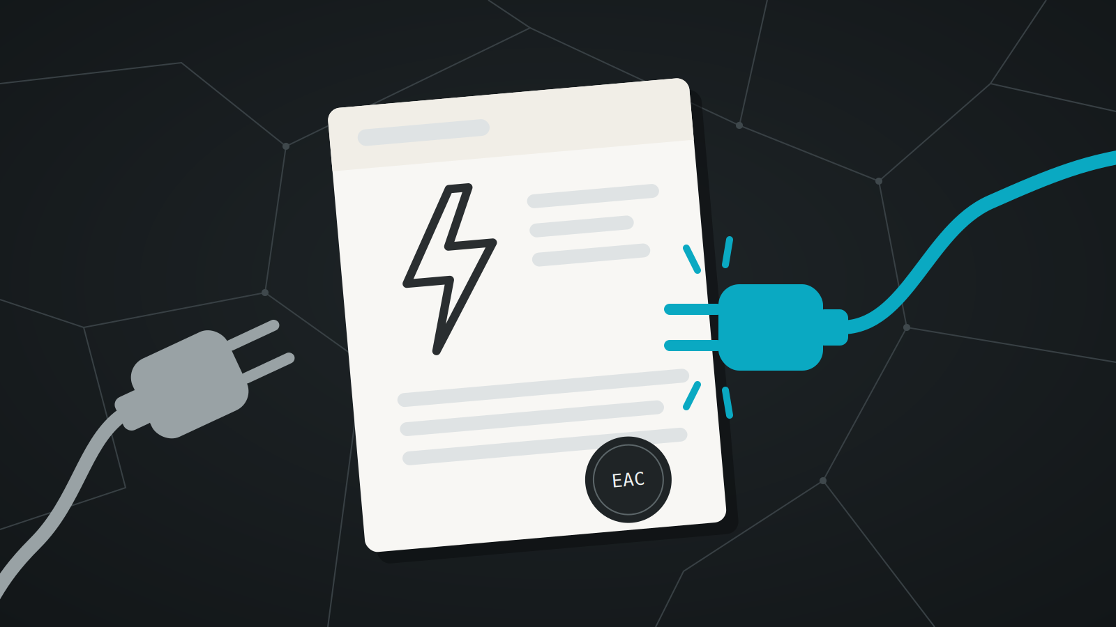 Electricity supply agreement with an unplugged grey plug and a connected teal plug, illustrating an EAC account transfer to a tenant