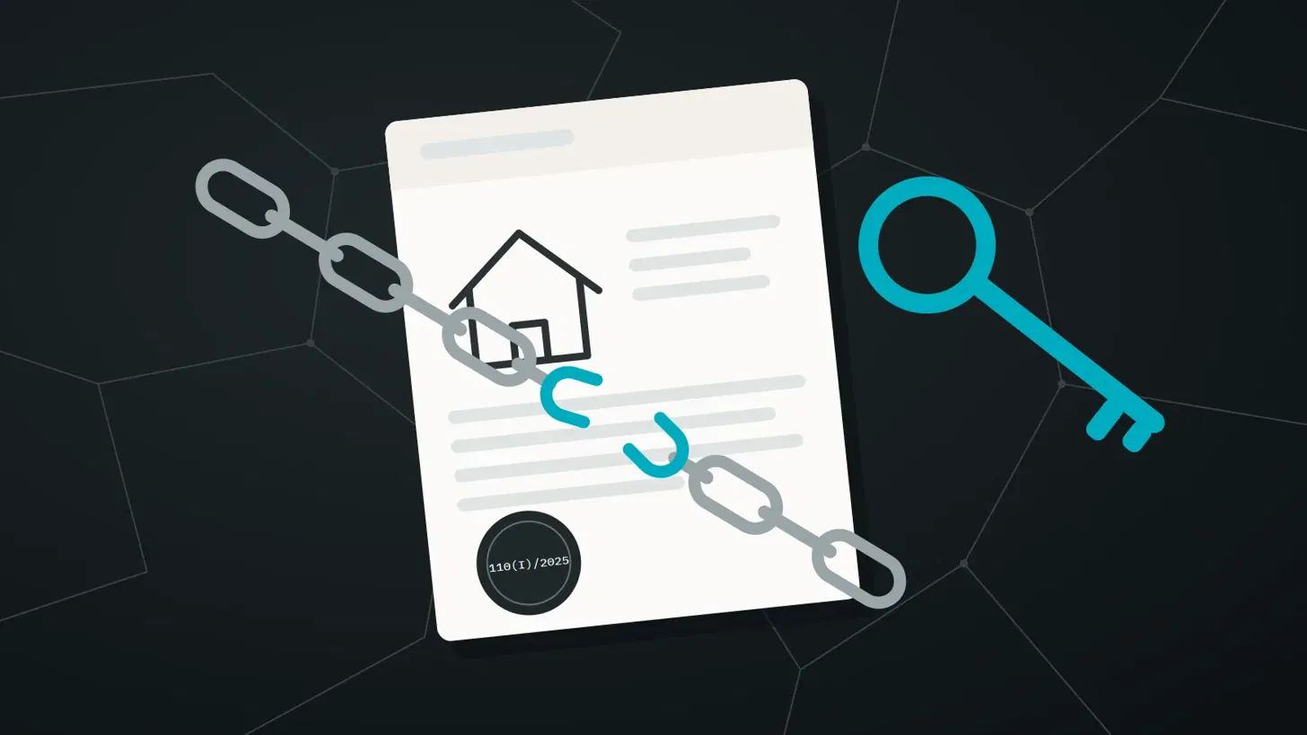 RealDeal cover: title deed with a broken chain and a key — Trapped buyers in Cyprus, Law 110(I)/2025